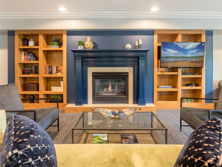 Fireplace surrounded by shelves and seating and a TV mounted to the right